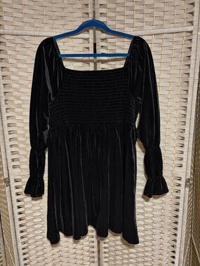 Celebrity Pink Black Velvet Long-Sleeve Smocked Mini Dress